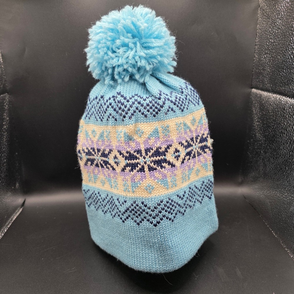 Herman's World of Sporting Goods Vintage 100% Wool Blue Fair Isle Pom Beanie Hat